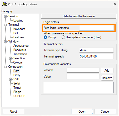 PuTTY auto-login username